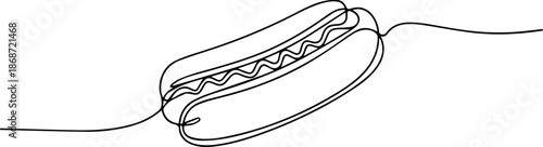 Continuous one line drawing of hot dog with mustard, American, fast food concept single line art, Vector illustration, HOT DOG Hand-Drawn Sketch Icon, Vector Illustration, Variety of hot dog