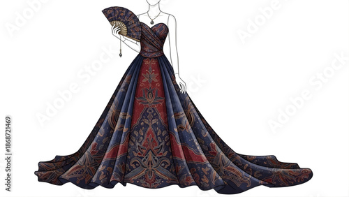Intricate Embroidered Strapless Ball Gown with a Royal Blue and Red Paisley Pattern and a Long Train, Held by a Mannequin with a Fan