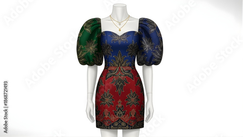 Sophisticated short dress with a rich, colorful baroque-inspired design, prominent puffed sleeves, and a flattering sweetheart neckline, exuding opulence and style