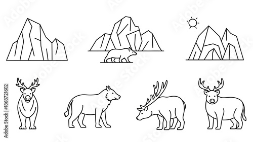 A wild animals collection featuring a nature set of mammal silhouettes and vector illustrations including a horse, deer, and camel in a black sketch art style