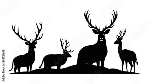 Set of wild deer silhouettes featuring stag antlers and elk head designs in a nature wildlife vector illustration for Christmas forest hunting icons