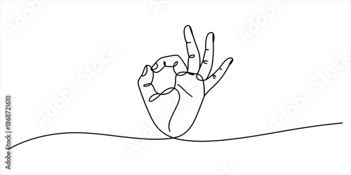 Continuous line drawing illustration of a hand showing the ok symbol on a white background Vector, illustration
