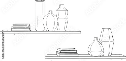 Minimalist black and white line art illustration depicting various ceramic vases and stacks of books elegantly displayed upon two separate floating modern wall shelves emphasizing home decor.