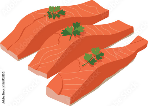 Three salmon fillets with parsley on top against a white background in a flat lay composition.