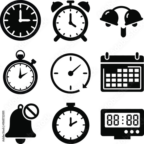 Collection of black and white timekeeping icons clock