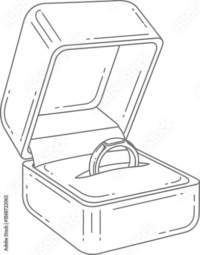 Simple line art illustration depicts an open velvet jewelry box displaying a single elegant engagement ring ready for a proposal or special anniversary celebration in a minimalist style.