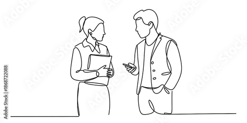 Continuous line drawing of a business meeting between two colleagues discussing work Vector, illustration