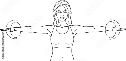 Line art illustration showing a fit woman performing shoulder rotation exercises with her arms extended sideways demonstrating proper form for warm up or physical therapy routines