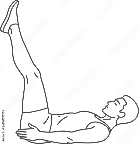 Simple black and white line art illustration depicting a fit man performing the essential leg raise exercise on his back targeting the lower abdominal muscles for core strength and fitness routines