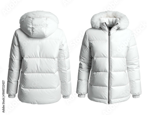 White hooded puffer jacket, front and back views (1)