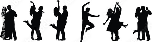 Dancing couple silhouettes set, romantic dance poses, ballroom and social dancing, elegant partner movement