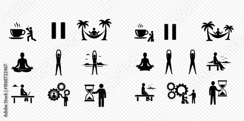 Set of black and white icons representing relaxation, work-life balance, and time management concepts.