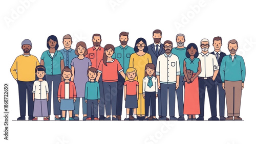 Diverse group of people standing together in a unified illustration