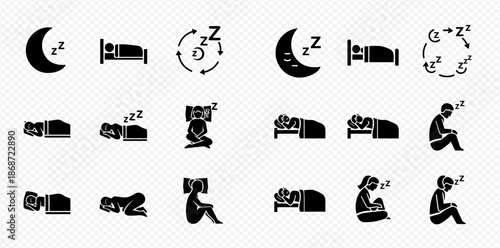 Sleep and Insomnia Glyph Icons Set: Various Sleeping Positions and Sleep Cycle Symbols.