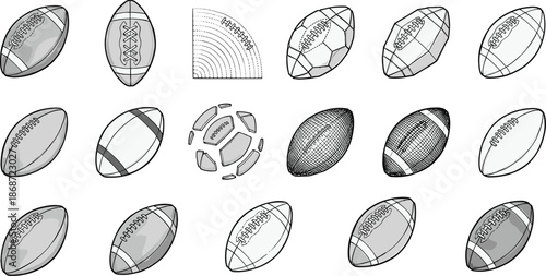 American football ball illustration set showing different angles, textures and line styles, sports equipment icons collection, rugby style balls 