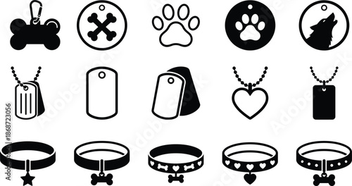 Black pet accessory icon set featuring dog tags, collars, paw prints, bones, hearts, and wolf silhouettes for veterinary branding, pet shop marketing, and UI design.