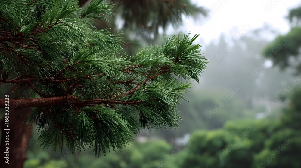 Naklejka premium Lush wet pine branches with green needles under a misty overcast sky