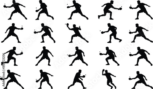 Handball player silhouette set showing throwing, passing and attacking actions, dynamic team sport poses and movement, black athlete figures 