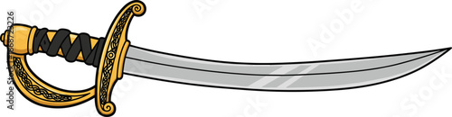 Scimitar sword, curved blade, ornate hilt, gold guard, fantasy weapon, historical design, Middle Eastern style, flat vector illustration