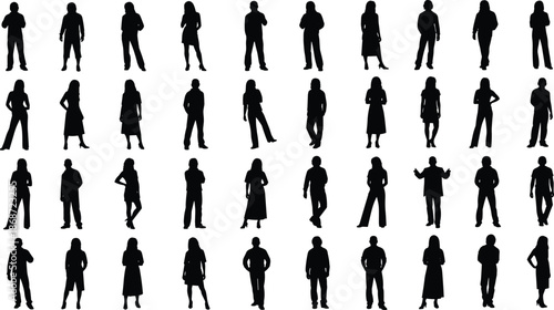 people standing silhouette set men women various poses lifestyle fashion human figures collection black shadow illustration