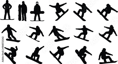 Snowboarder silhouette set showing winter sports action poses, jumping and riding tricks, extreme snowboarding activities, black athlete figures