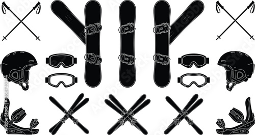 Winter sports equipment silhouette set featuring snowboards, skis, helmets, goggles and poles, extreme snow sport gear icons, black outlines isolated 