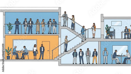 A modern office building with multiple floors and people working in various rooms and on balconies, viewed from the side.