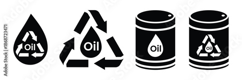 Waste Oil Recycling & Barrel Disposal Symbols: Eco-Friendly Fuel Management Vector Icons