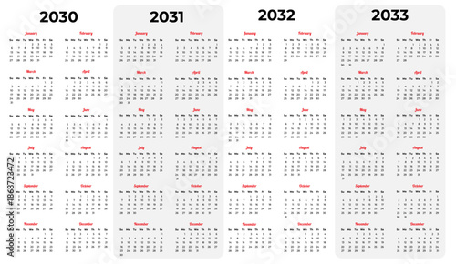 Vector set of simple calendars 2030-2033 in English