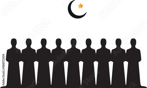 A group of black silhouette figures standing united under a crescent moon and star symbol