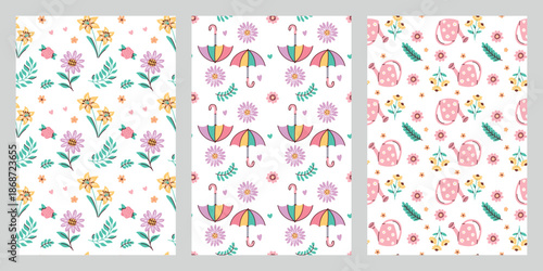 Vibrant floral textures featuring rainbow umbrellas watering cans and blooming lilies. Vertical repeating backgrounds for seasonal gardening projects or feminine textile designs.