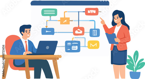 A modern flat illustration depicts a business team discussing workflow automation, with a man working on a laptop and a woman presenting interconnected digital process blocks on a large screen.