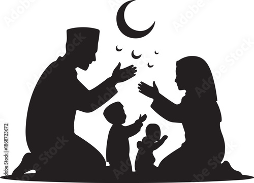 A Muslim family in silhouette praying on their knees with a crescent moon and other symbols