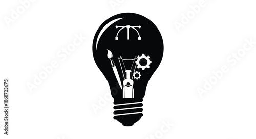 A creative concept inside a light bulb featuring art tools and gears silhouette