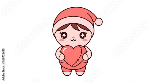 Cartoon Girl Holding Heart in Christmas Outfit.