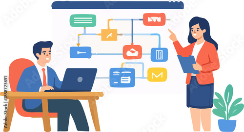A modern flat illustration depicts a business team discussing workflow automation, with a man working on a laptop and a woman presenting interconnected digital process blocks on a large screen.