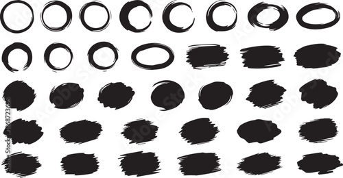 Brush Stroke Circle Set – Hand Drawn Grunge Shapes and Solid Black Texture Dabs for Creative Design