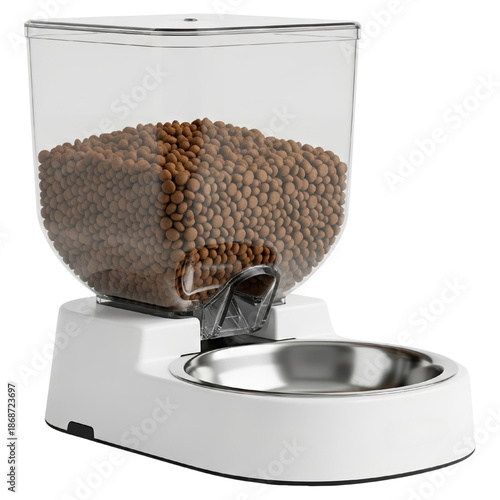 White automatic pet feeder dispenser filled with dry brown kibble on a transparent background
