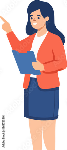 A clean flat vector illustration depicts a modern professional character in a business context, designed with simple shapes and a contemporary corporate style.