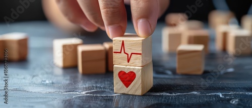 Employee wellbeing and satisfaction concept with wooden blocks showing a heart and pulse symbol, representing workplace health, engagement, motivation, and positive corporate culture. © petrrgoskov