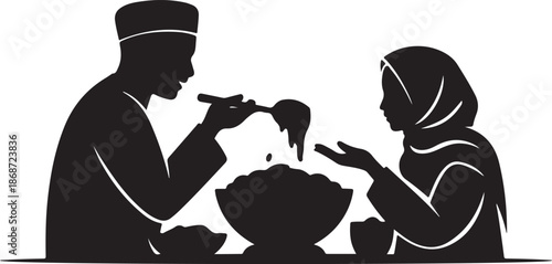 Black silhouette of a Muslim couple sharing a meal, with the man serving from a large bowl