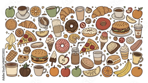 A vibrant collection of delicious food and drink items.