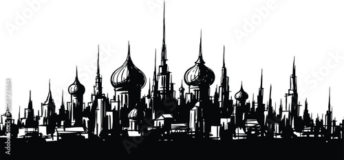 Minimalist black and white Moscow cityscape silhouette on white background