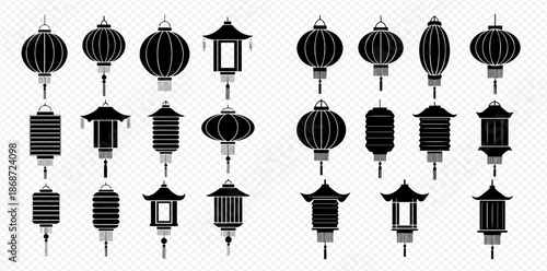 Set of various traditional Chinese and Japanese lanterns in black silhouette vector illustration.
