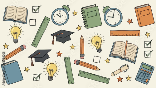 Education and Learning Supplies Pattern with Books Pencils and Graduation Caps.