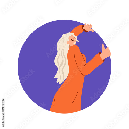 A young woman peeks out from a round hole and looks back, observing. Hand-drawn vector illustration.