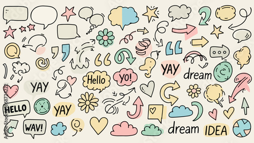 Hand Drawn Doodle Elements Collection Speech Bubbles Arrows Hearts Clouds Flowers and Text.