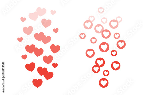 Set of simple, flat design icons featuring streams of red hearts floating upwards