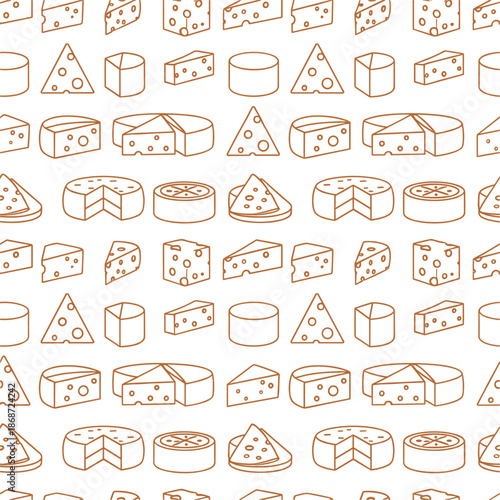 Seamless pattern of cheese line icons featuring Swiss cheese wedges rounds slices and blocks for dairy food backgrounds.