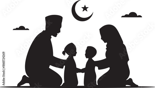 Muslim family with two children kneeling under a crescent moon and star symbol with clouds